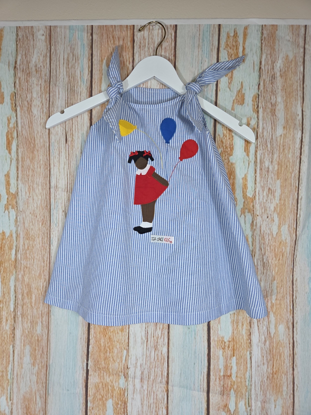 Tea Cake Kids Blue Stripe Tie-Shoulder Dress with Balloon Girl Applique